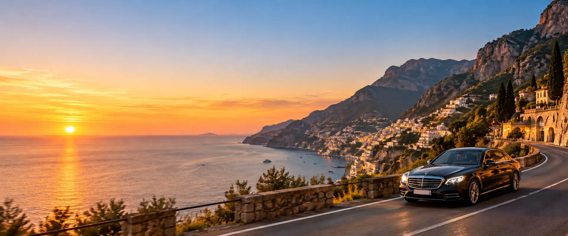 Black Mercedes chauffeur car on the Amalfi Coast road at sunset