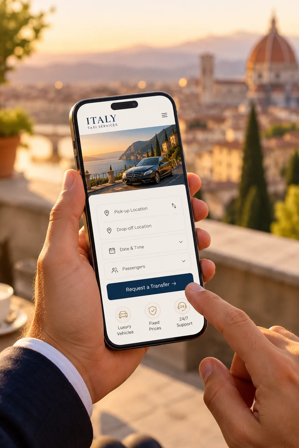 Traveller booking a private transfer on a phone with Florence Cathedral in the background