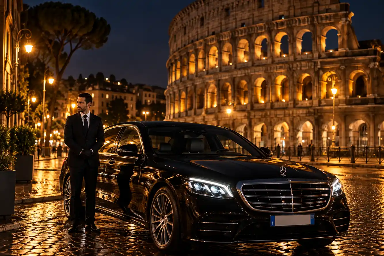 Chauffeur beside a black Mercedes at the Colosseum in Rome at night