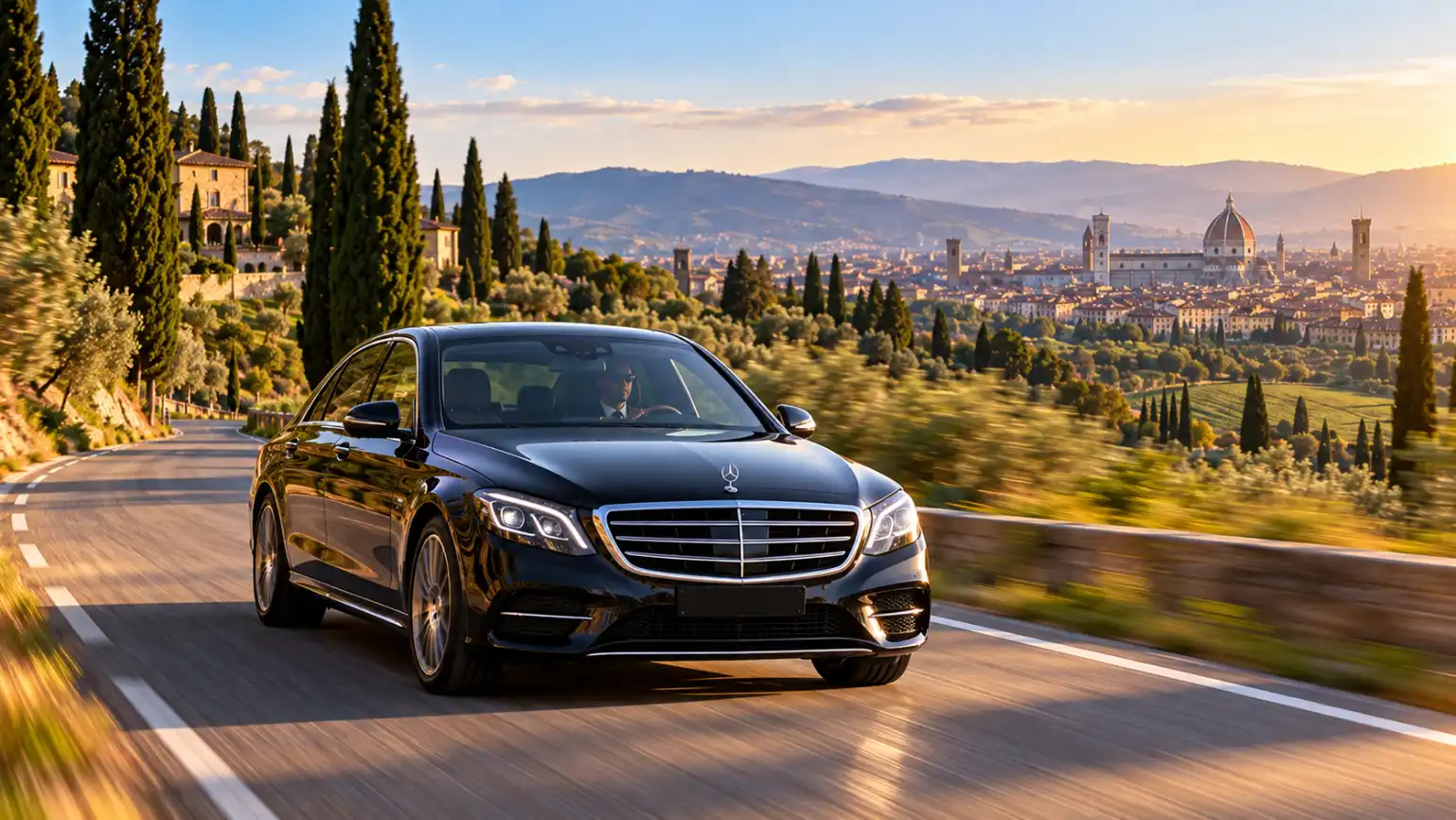 Black Mercedes sedan driving through the Tuscan hills with Florence behind