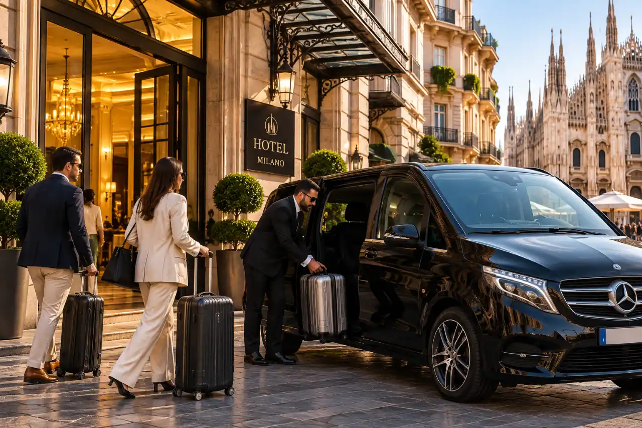 Two guests with suitcases arriving at a Milan hotel as the chauffeur loads their luggage