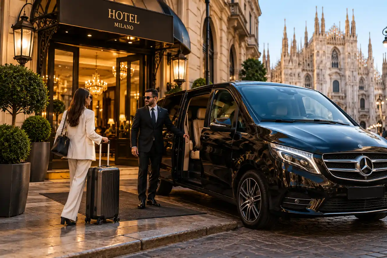 Evening departure from a Milan hotel, chauffeur waiting beside the van