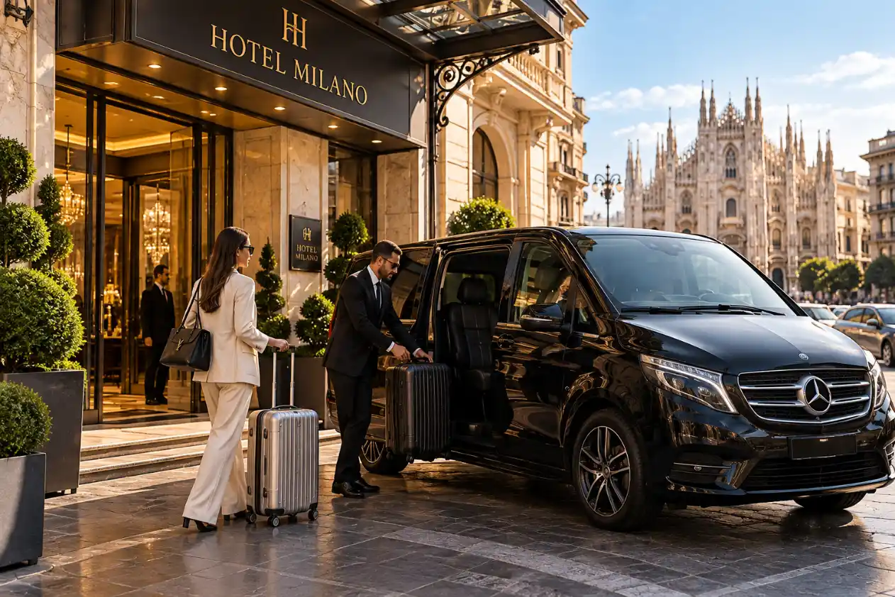 Chauffeur loading luggage outside a Milan hotel