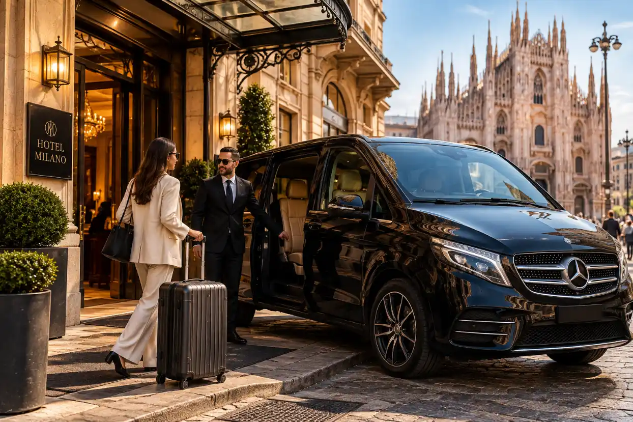 Chauffeur holding the door of a Mercedes van for a guest outside a hotel near Milan Cathedral
