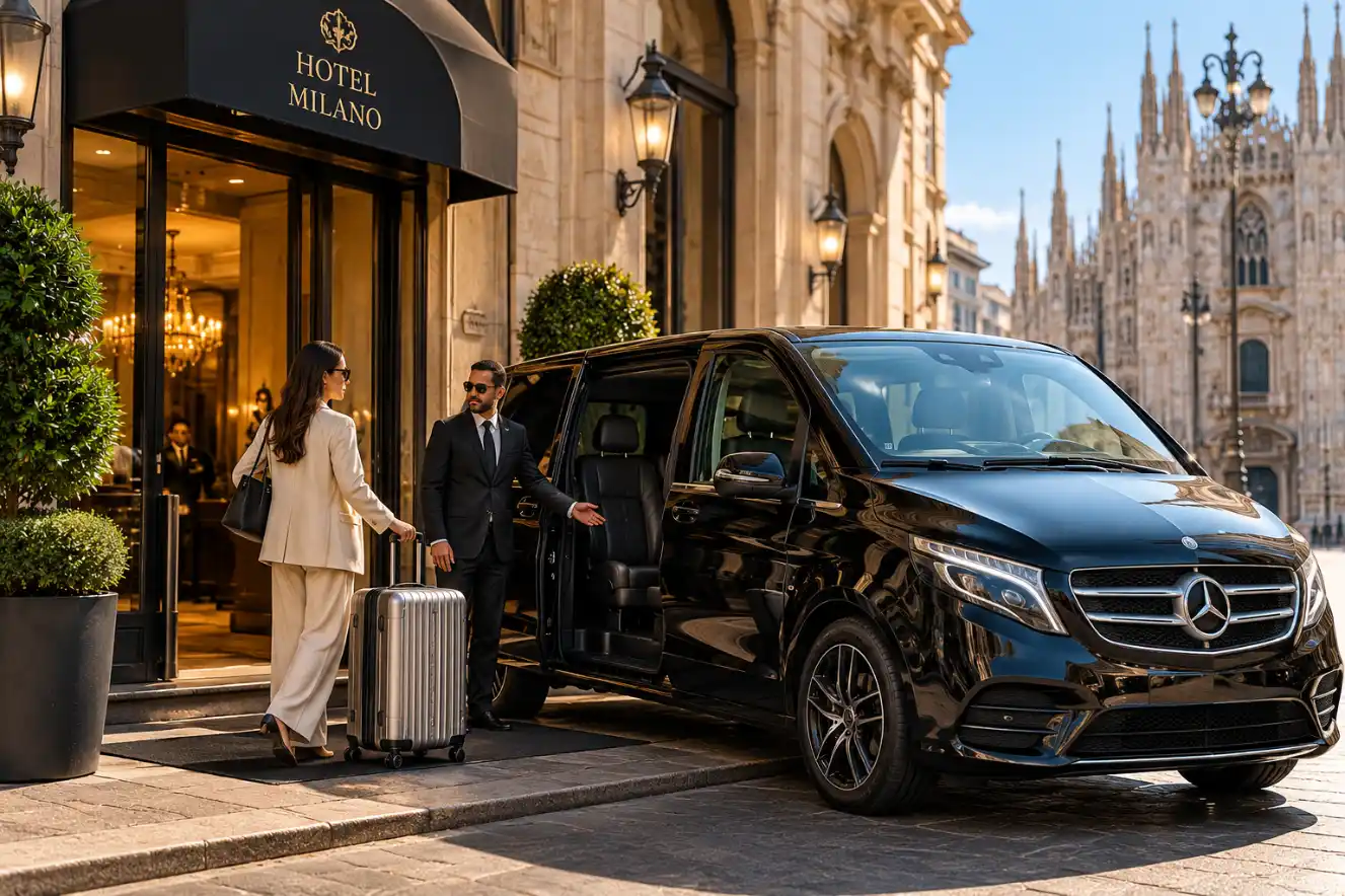 Black Mercedes van with its sliding door open outside a hotel in central Milan