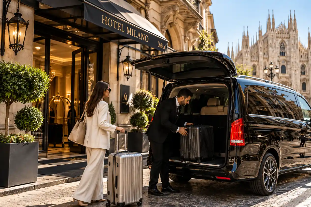 Chauffeur placing a suitcase into the boot of a van outside a Milan hotel